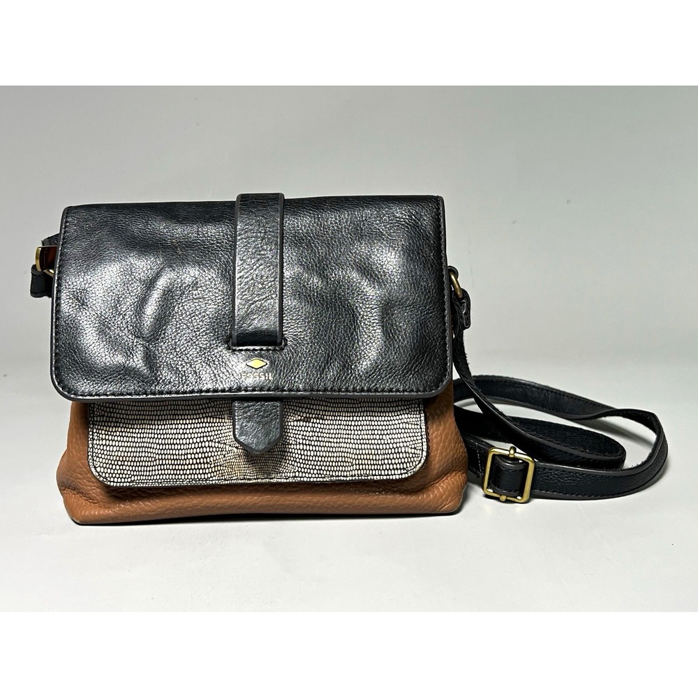 Fossil Colorblock Crossbody Bag Black Brown Gray Pebbled Gold Hardware Zip